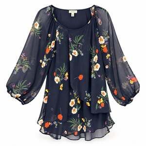 Tamara H Chiffon Top size 1X Navy Blue Floral Sheer Balloon Sleeves Pullover NWT